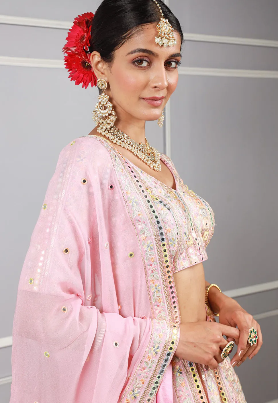 Embroidered Georgette Lehenga in Baby Pink