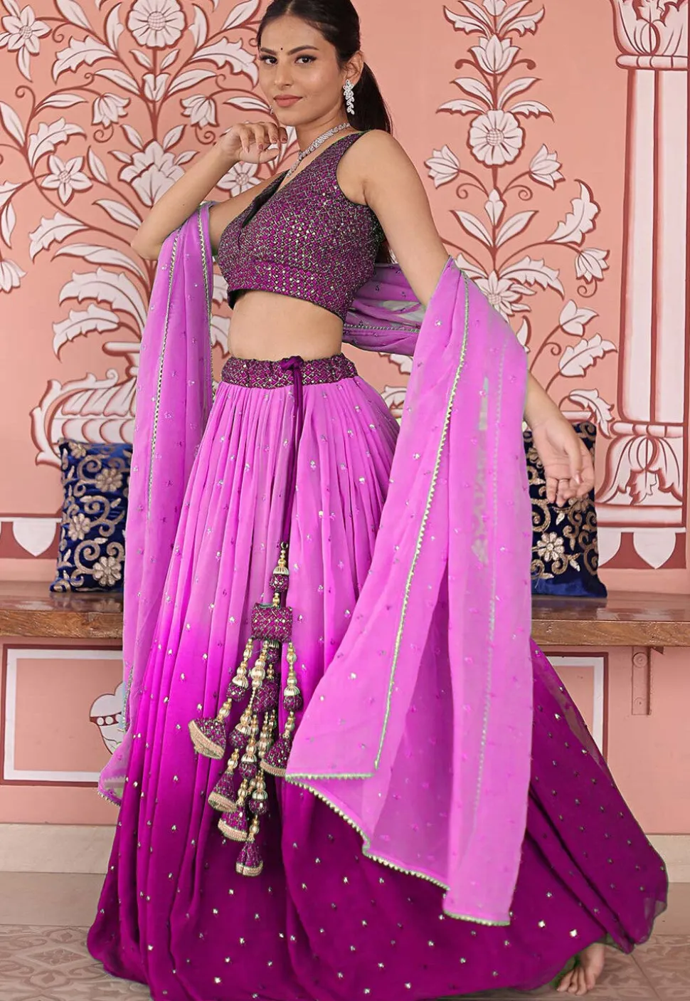 Embroidered Georgette Lehenga in Shaded Pink and Magenta