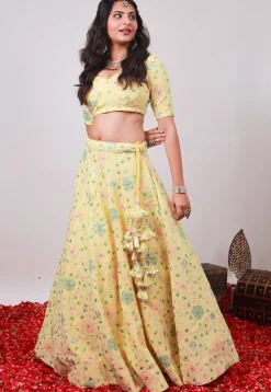 Embroidered Georgette Lehenga in Pastel Yellow