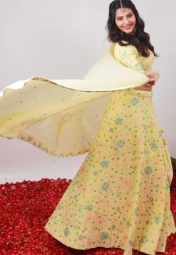 Embroidered Georgette Lehenga in Pastel Yellow