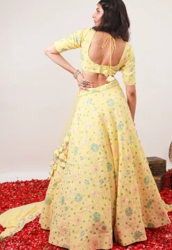 Embroidered Georgette Lehenga in Pastel Yellow