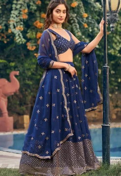 Embroidered Georgette Lehenga in Navy Blue