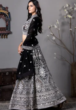 Embroidered Georgette Lehenga in Black