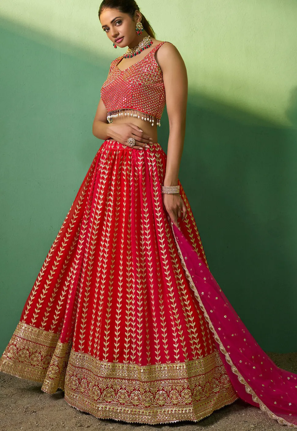 Embroidered Georgette Lehenga in Red