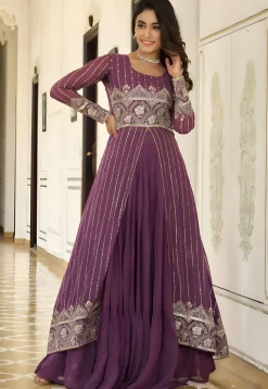 Embroidered Georgette Lehenga in Wine