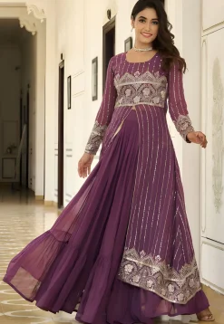 Embroidered Georgette Lehenga in Wine