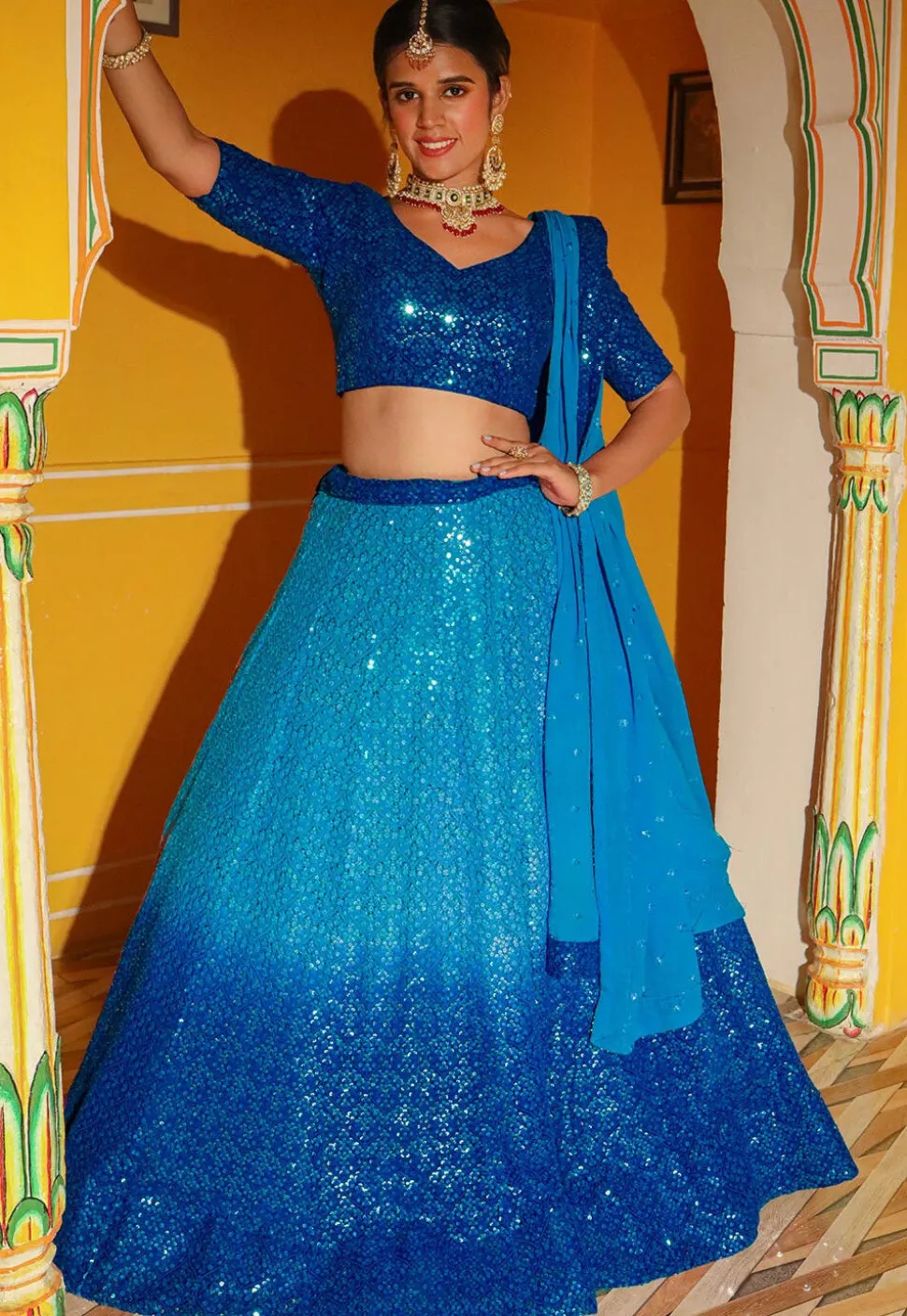 Embroidered Georgette Lehenga in Shaded Blue