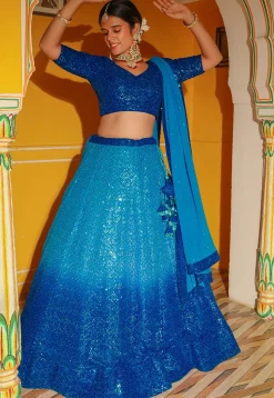 Embroidered Georgette Lehenga in Shaded Blue