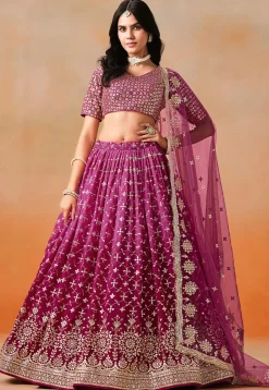Embroidered Georgette Lehenga in Purple