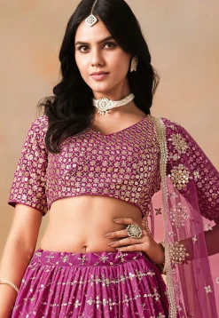 Embroidered Georgette Lehenga in Purple