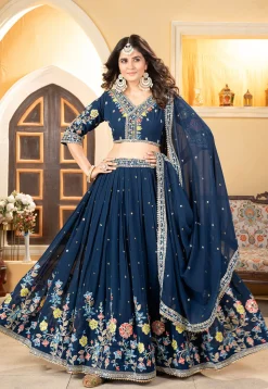Embroidered Georgette Lehenga Teal Blue
