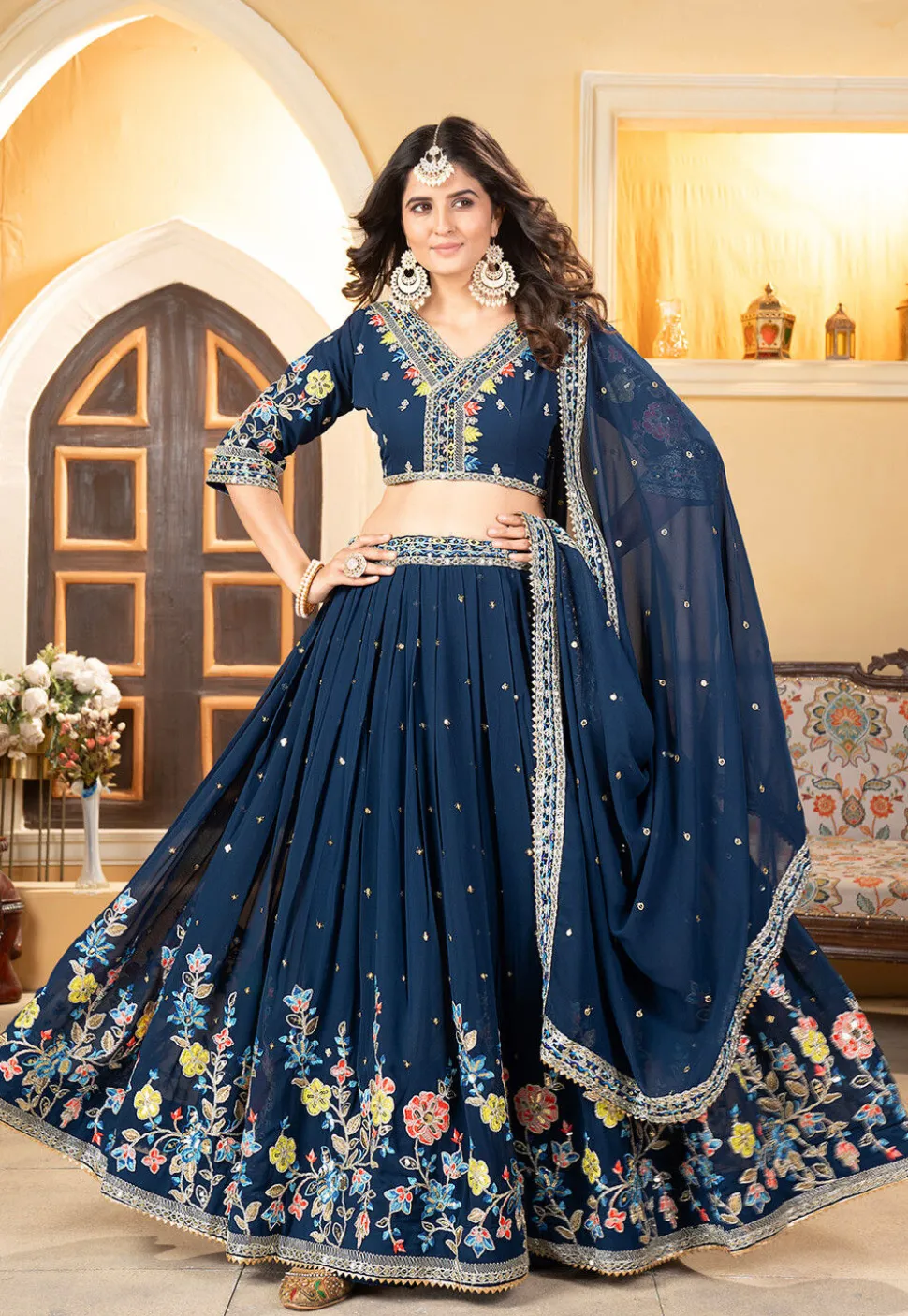 Embroidered Georgette Lehenga Teal Blue