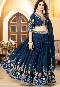 Embroidered Georgette Lehenga Teal Blue