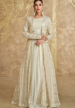 Embroidered Georgette Lehenga in Off White
