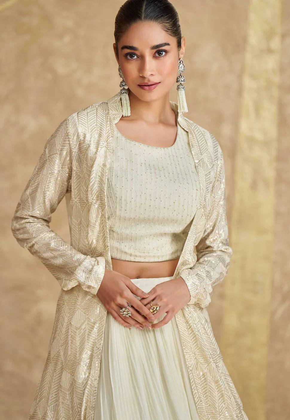 Embroidered Georgette Lehenga in Off White