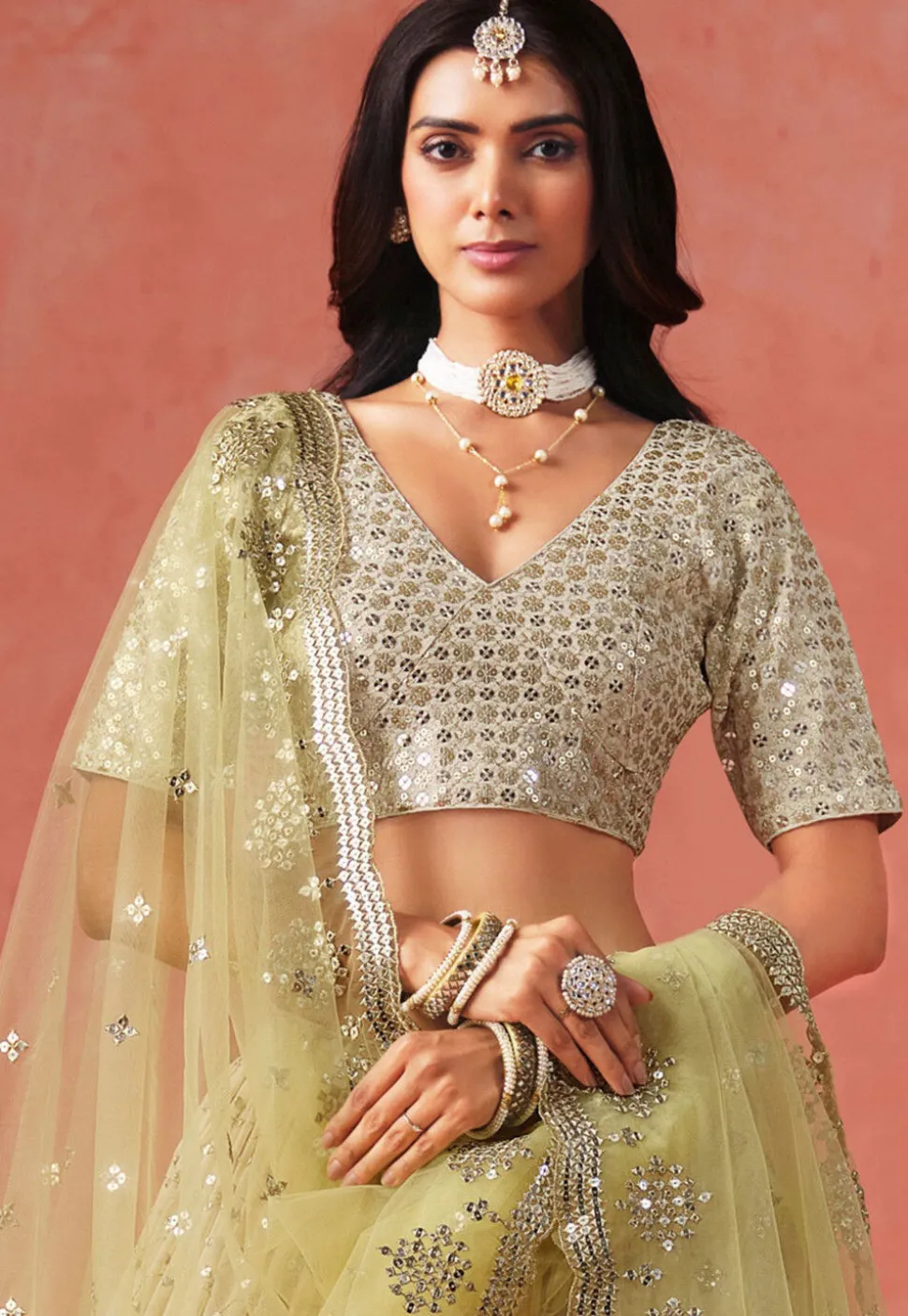 Embroidered Georgette Lehenga in Shaded Yellow