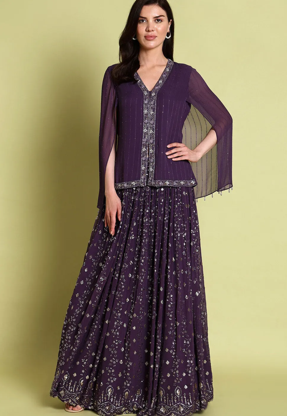 Embroidered Georgette Lehenga in Purple