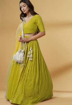 Embroidered Georgette Lehenga in Light Green