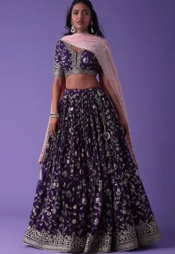 Embroidered Georgette Lehenga in Purple