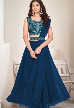 Embroidered Georgette Lehenga in Teal Blue