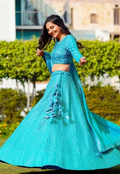 Embroidered Georgette Lehenga in Turquoise