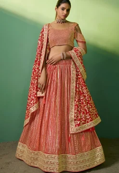 Embroidered Georgette Lehenga in Red