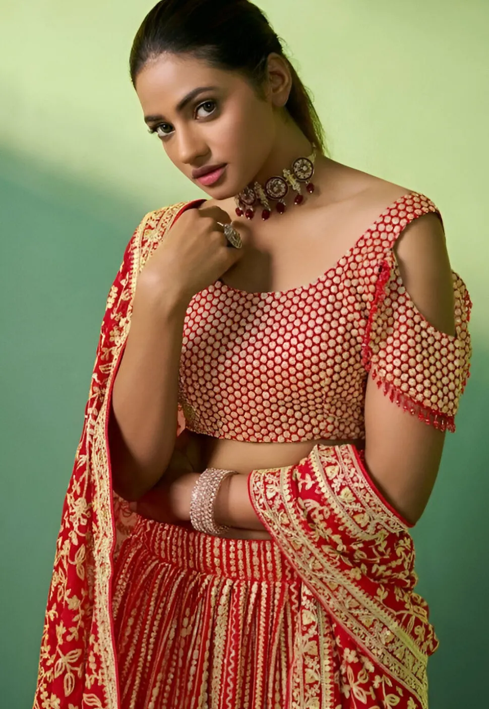 Embroidered Georgette Lehenga in Red