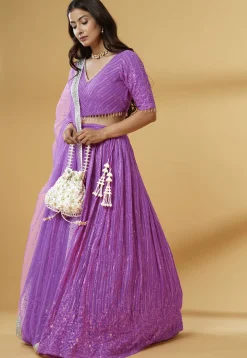 Embroidered Georgette Lehenga in Purple