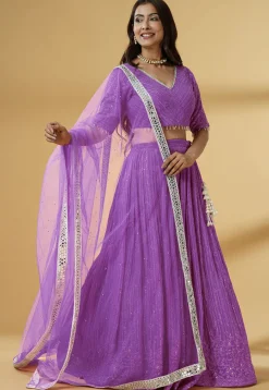 Embroidered Georgette Lehenga in Purple