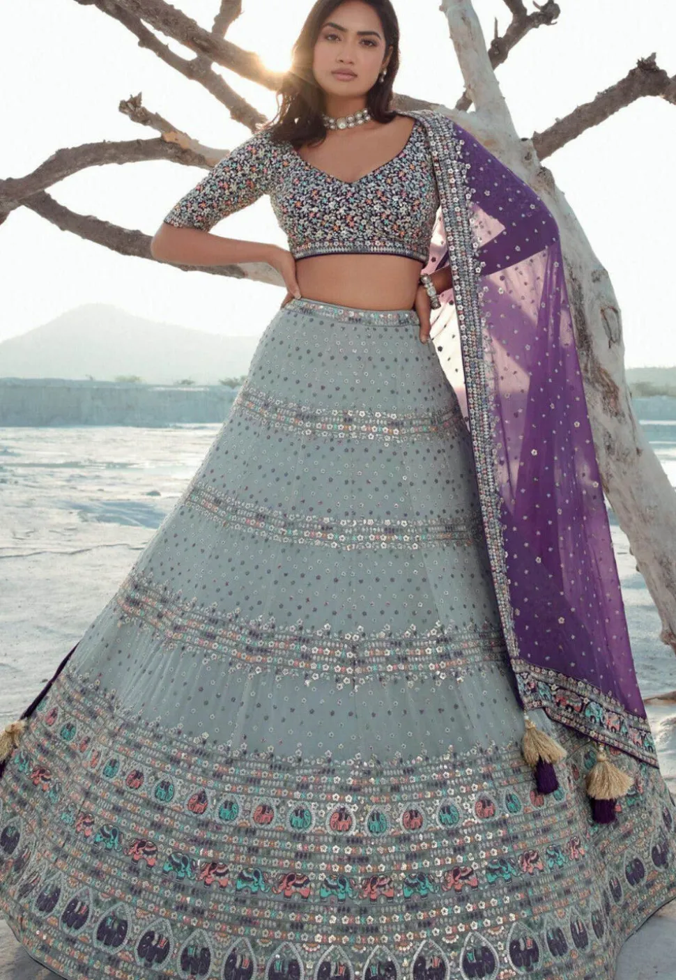 Embroidered Georgette Lehenga in Dusty Blue