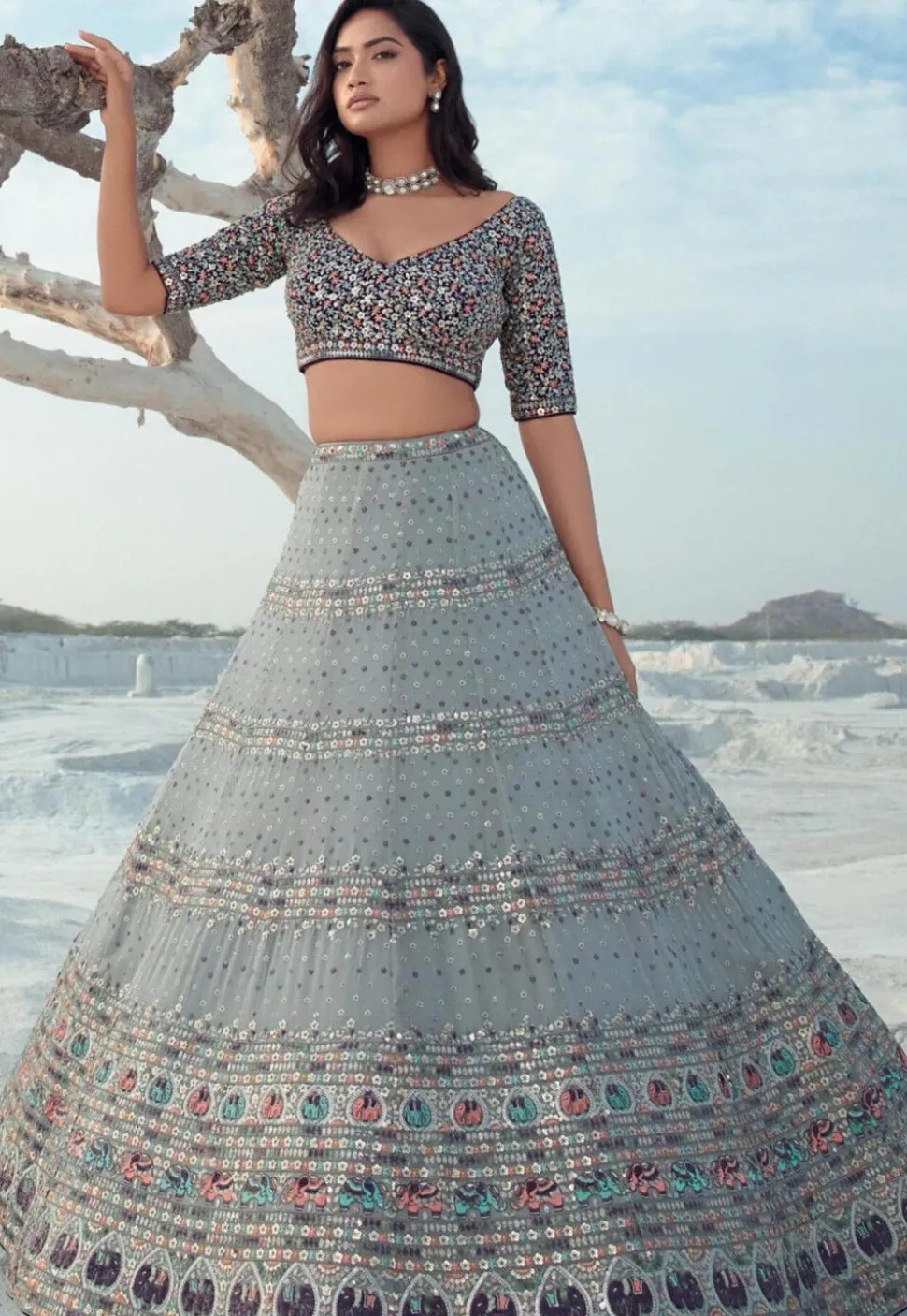 Embroidered Georgette Lehenga in Dusty Blue
