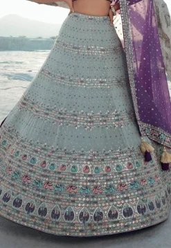 Embroidered Georgette Lehenga in Dusty Blue