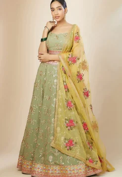 Embroidered Georgette Lehenga in Light Green