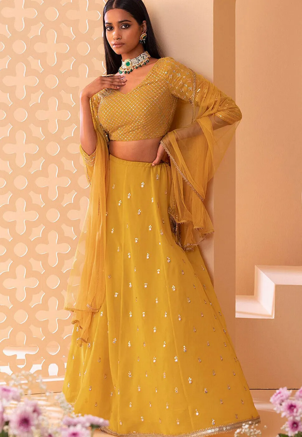 Embroidered Georgette Lehenga in Mustard