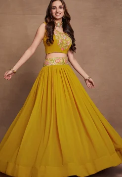 Embroidered Georgette Lehenga in Yellow
