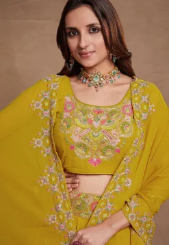 Embroidered Georgette Lehenga in Yellow