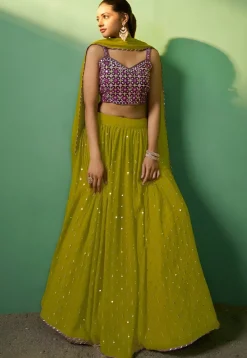 Embroidered Georgette Lehenga in Olive Green