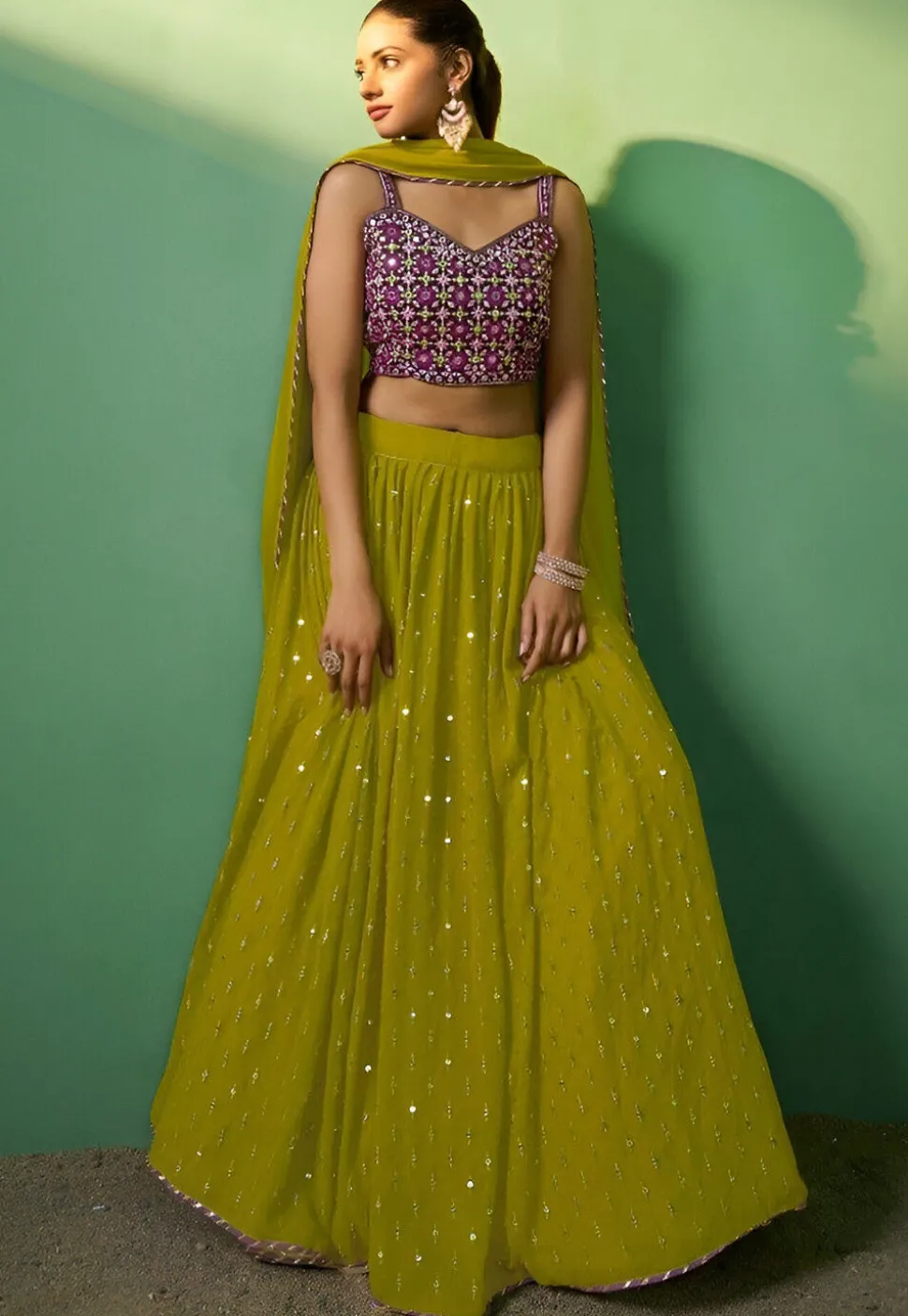 Embroidered Georgette Lehenga in Olive Green