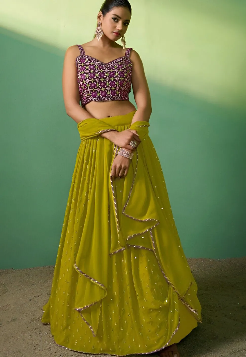 Embroidered Georgette Lehenga in Olive Green
