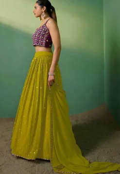 Embroidered Georgette Lehenga in Olive Green