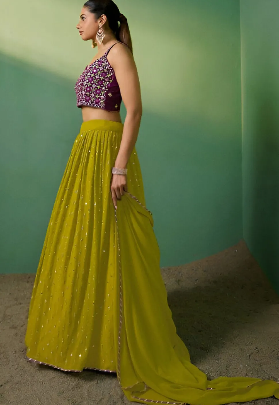 Embroidered Georgette Lehenga in Olive Green