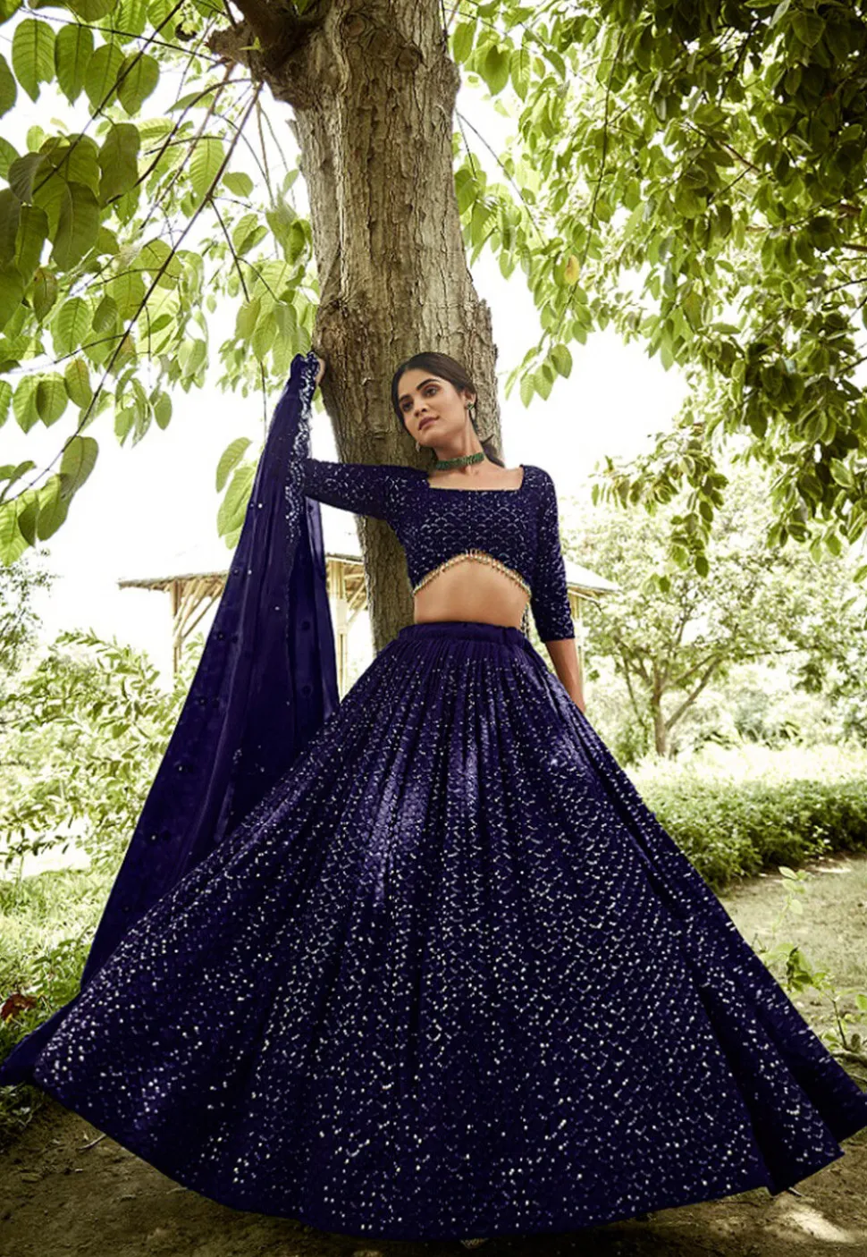 Embroidered Georgette Lehenga in Navy Blue