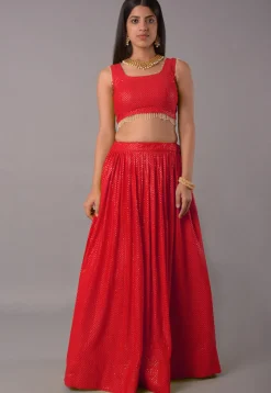 Embroidered Georgette Lehenga in Red