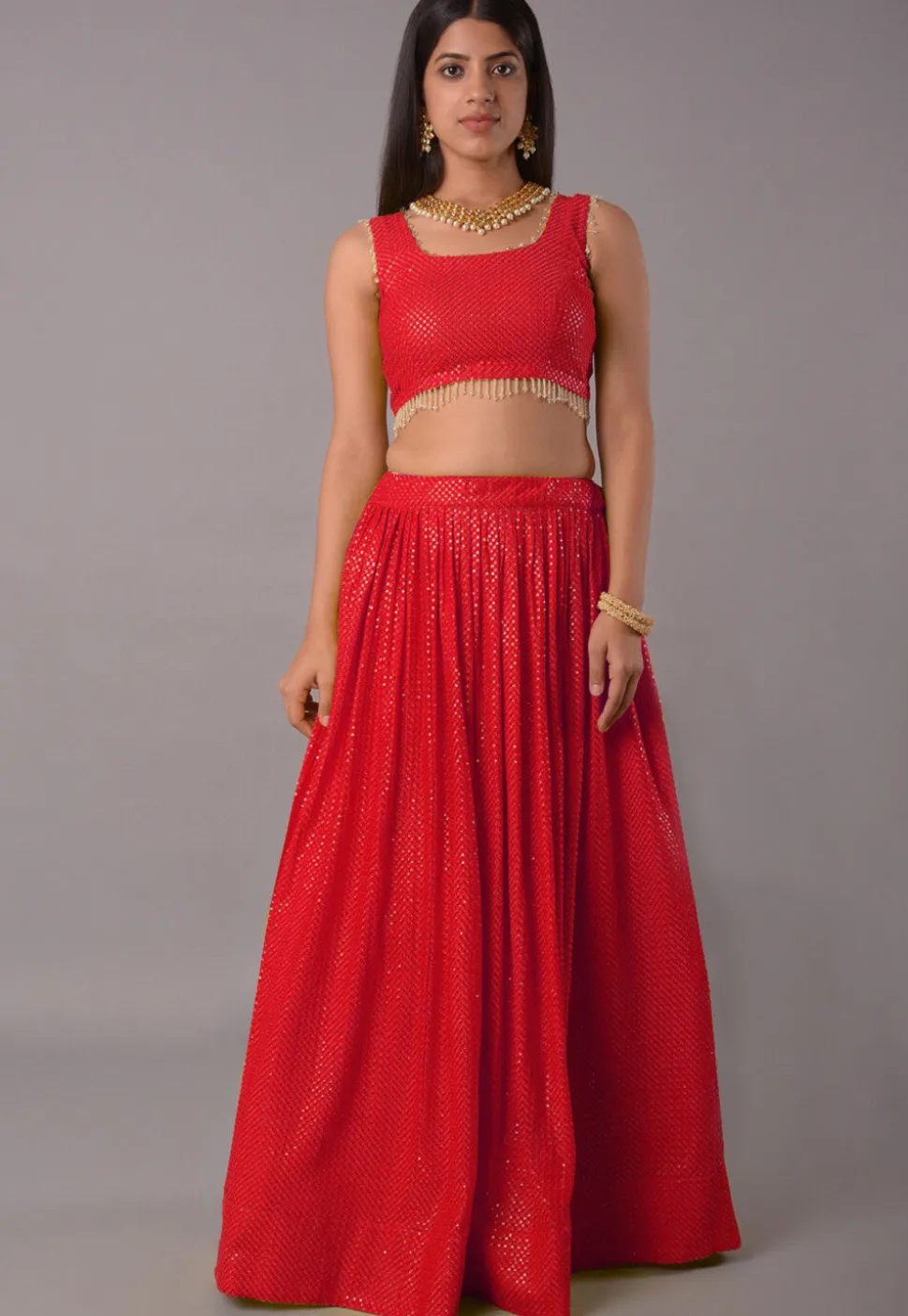 Embroidered Georgette Lehenga in Red