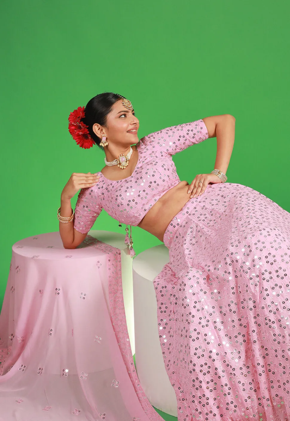 Embroidered Georgette Lehenga in Baby Pink