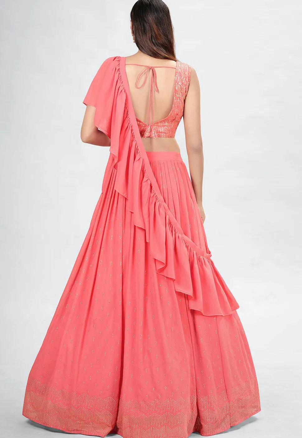 Embroidered Georgette Lehenga in Peach