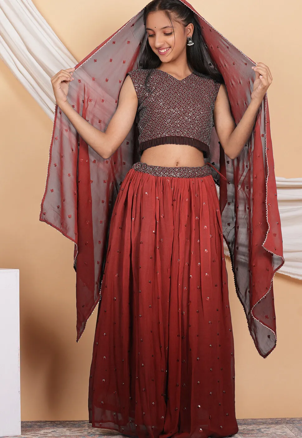Embroidered Georgette Lehenga in Shaded Brown