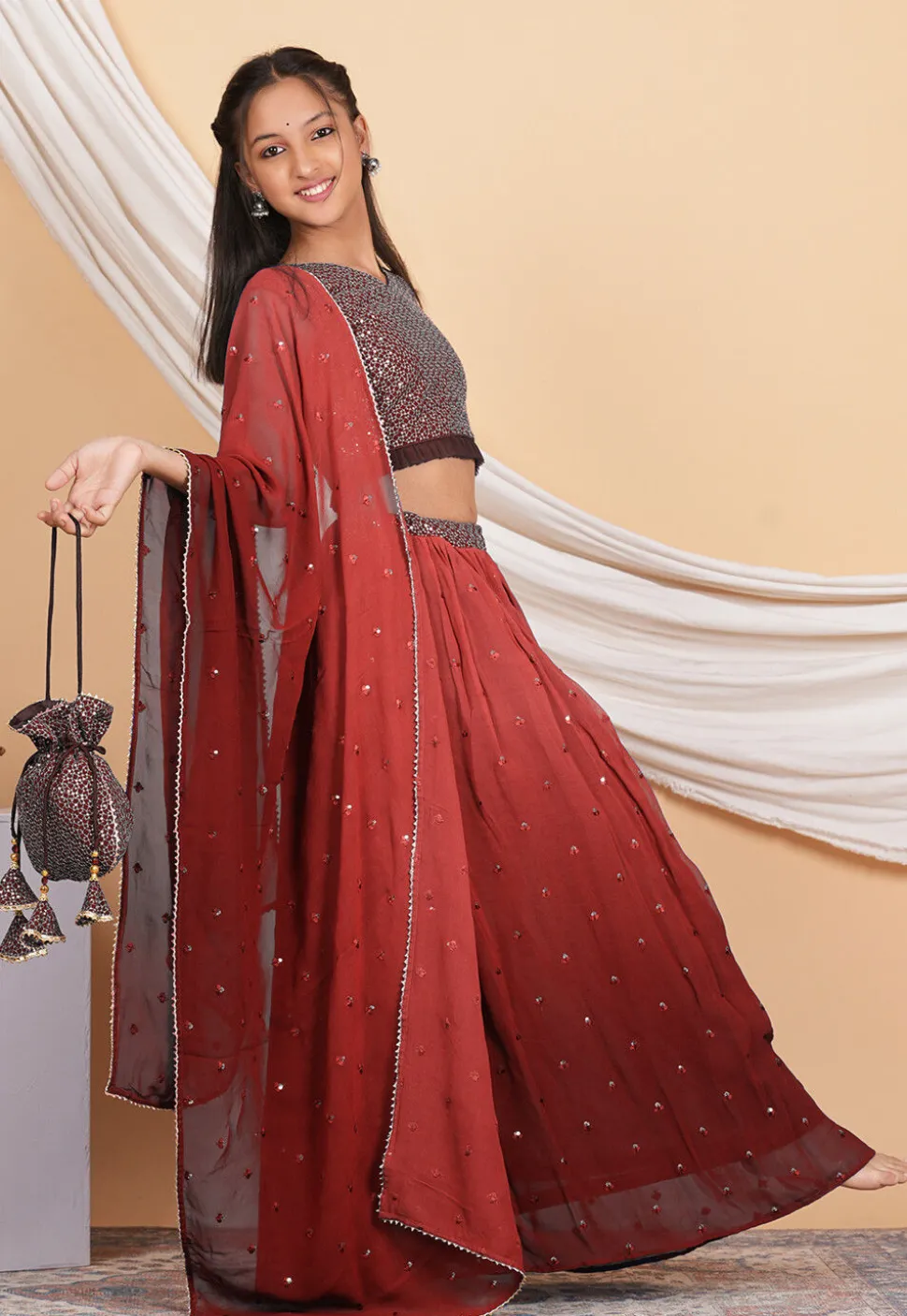 Embroidered Georgette Lehenga in Shaded Brown