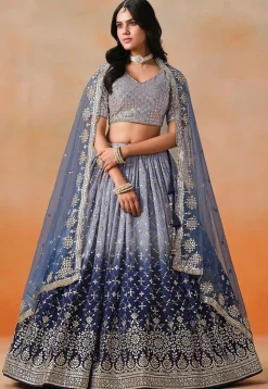 Embroidered Georgette Lehenga in Shaded Blue