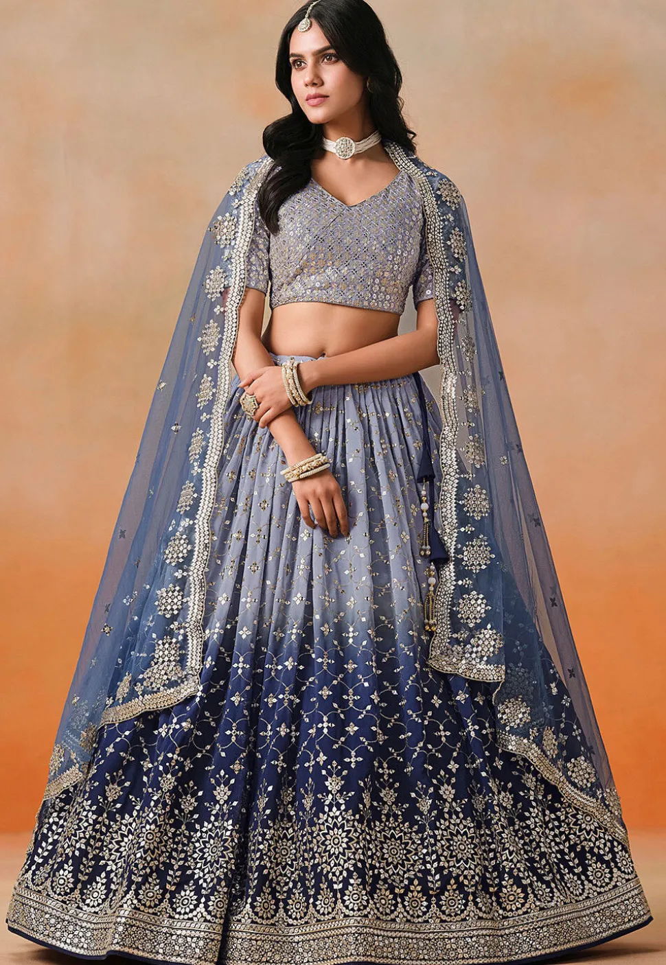 Embroidered Georgette Lehenga in Shaded Blue